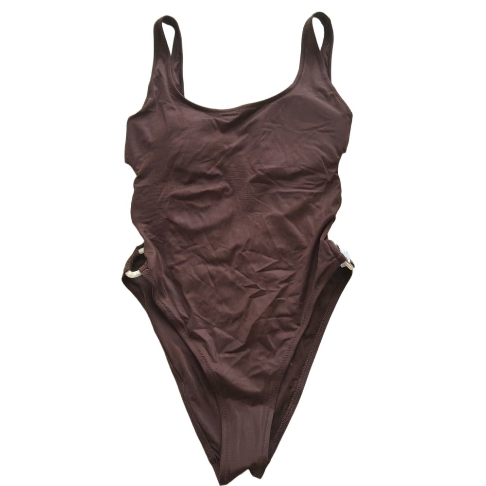 Aerie Brown One Piece Swimsuit Womens L Ring Side Cutout High Cut Scoop Back NWT